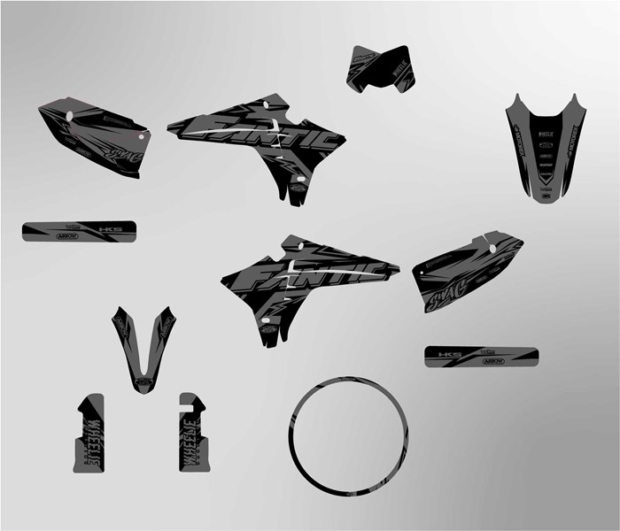 Fantic XMF 125 ab 2023 Facelift Dekor Kit schwarz und grau Pat Bikes Edition auf normaler Folie