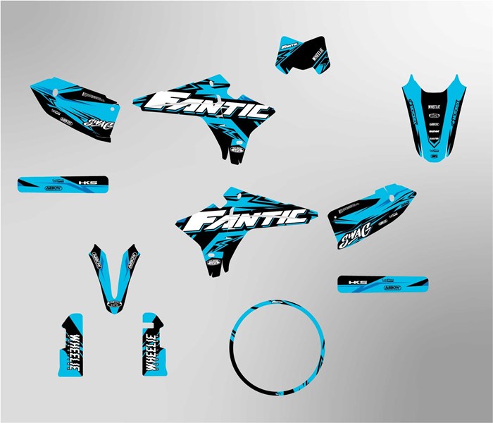 Fantic XMF 125 ab 2023 Facelift Dekor Kit hellblau Pat Bikes Edition auf normaler Folie