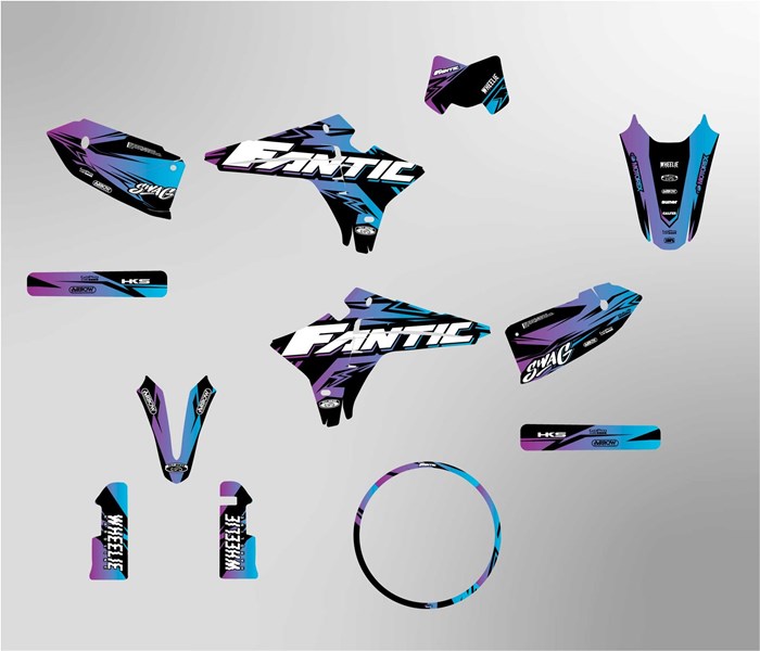 Fantic XMF 125 ab 2023 Facelift Dekor Kit violett und blau Pat Bikes Edition auf normaler Folie