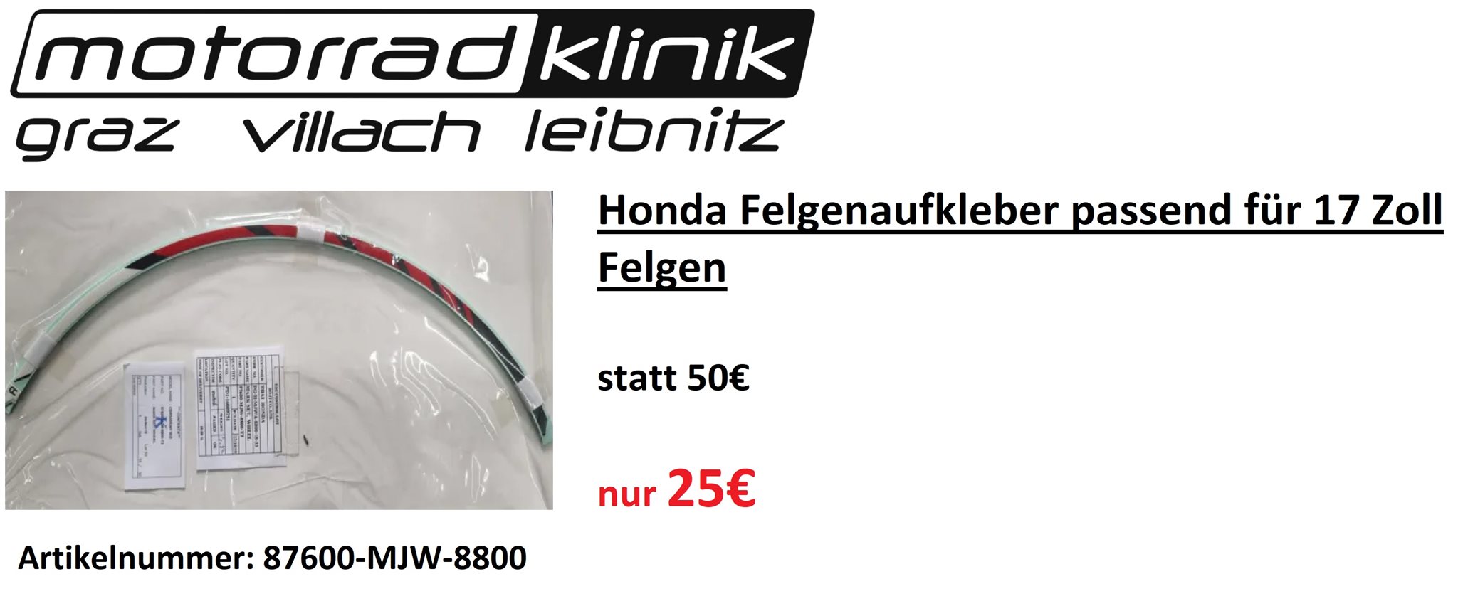 Honda Felgenaufkleber passend für 17 Zoll Felgen Rot statt 50€ nur 25€  statt 50,00 EUR jetzt nur 25,00 EUR - 1000PS Shop - Sale