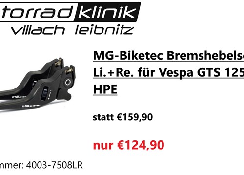 MG-Biketec Bremshebelset kurz Li.+Re. für Vespa GTS 125-300 HPE statt €159,90 nur €124,90