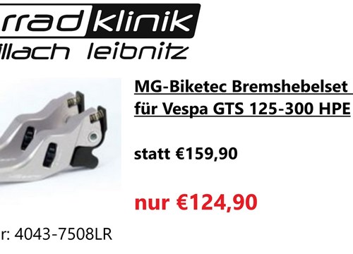 MG-Biketec Bremshebelset kurz Li.+Re. für Vespa GTS 125-300 HPE statt €159,90 nur €124,90