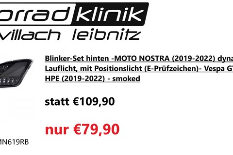 Marke: Vespa Artikelname: Blinker-Set hinten -MOTO NOSTRA (2019-2022) dynamisches LED Lauflicht, mit Positionslicht (E-Prüfzeichen)- Vespa GTS 125-300 HPE (2019-2022) - smoked statt €109,90 nur €79,90