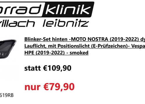Blinker-Set hinten -MOTO NOSTRA (2019-2022) dynamisches LED Lauflicht, mit Positionslicht (E-Prüfzeichen)- Vespa GTS 125-300 HPE (2019-2022) - smoked statt €109,90 nur €79,90