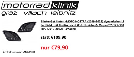 Vespa Blinker-Set hinten -MOTO NOSTRA (2019-2022) dynamisches LED Lauflicht, mit Positionslicht (E-Prüfzeichen)- Vespa GTS 125-300 HPE (2019-2022) - smoked statt €109,90 nur €79,90