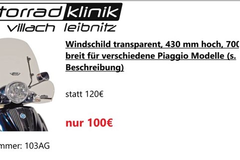 Givi Windschild transparent, 430 mm hoch, 700 mm breit für verschiedene Piaggio Modelle (s. Beschreibung)  statt 120€ um nur 100€