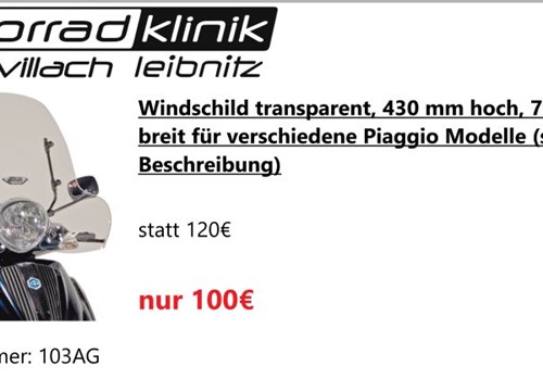 Windschild transparent, 430 mm hoch, 700 mm breit für verschiedene Piaggio Modelle (s. Beschreibung)  statt 120€ um nur 100€