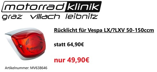 Vespa Rücklicht für Vespa LX/?LXV 50-150ccm statt 64,90€ um nur 49,90€