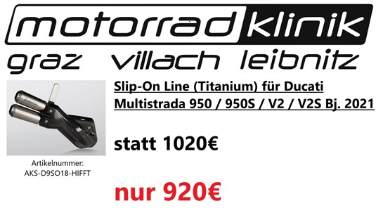 Akrapovic Slip-On Line (Titanium) für Ducati Multistrada 950 / 950S / V2 / V2S Bj. 2021 statt 1020€ um nur 920€