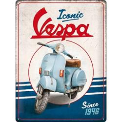 Blechschild mit Motiv Vespa - Iconic since 1946 Motorroller blau/weiß