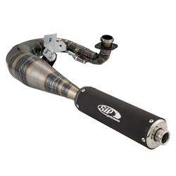 Rennauspuff SIP PERFORMANCE MUSTANG Design by NORDSPEED, Stahl klarlackiert, Dämpfer: Aluminium Farbe (ESD): schwarz matt für Vespa T5