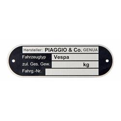Typenschild "PIAGGIO&CO. Genova" für Vespa alle dt. Modelle '67->/alle ital. Modelle
