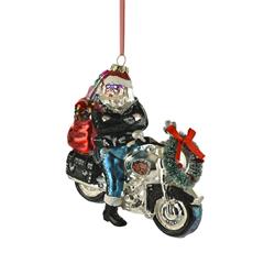 Christbaumschmuck mit Motiv Santa Rocker auf Motorrad schwarz/silber