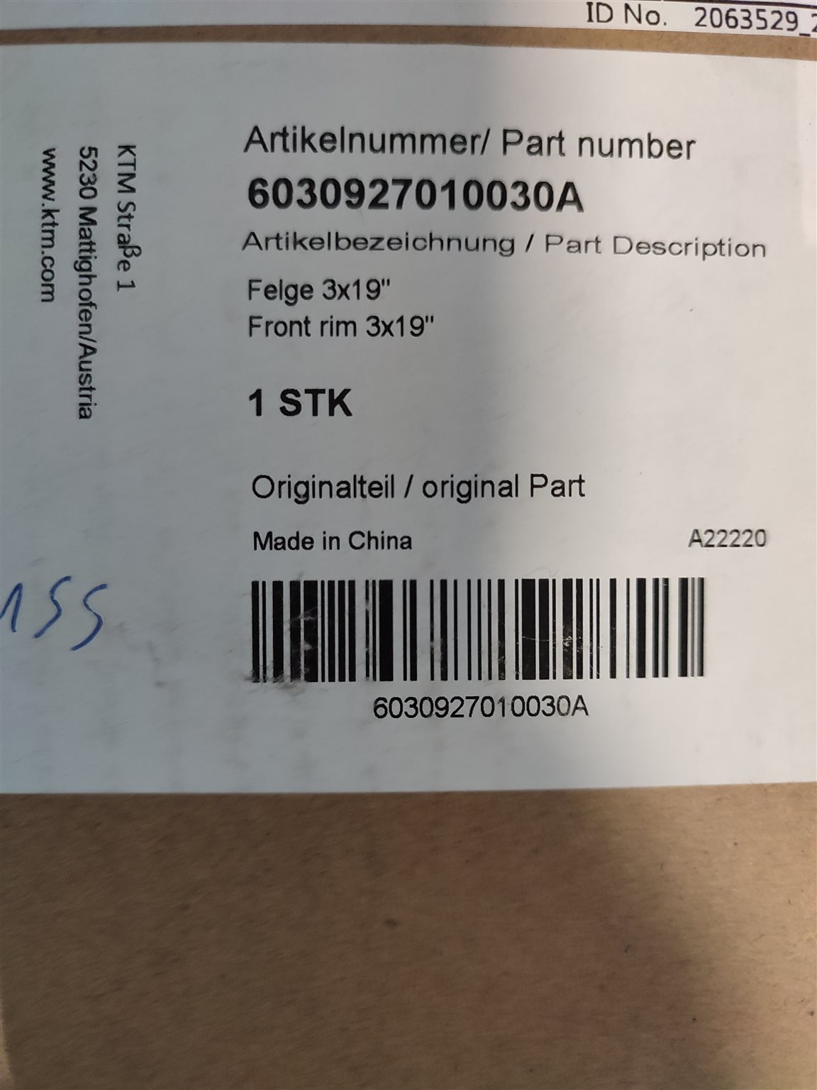 Felge 3x19"