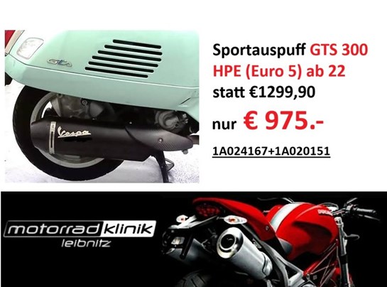 Vespa Sportauspuff Vespa statt €1299,90 nur € 975.-  GTS 300 HPE (Euro 5) ab dem Modelljahr 2022