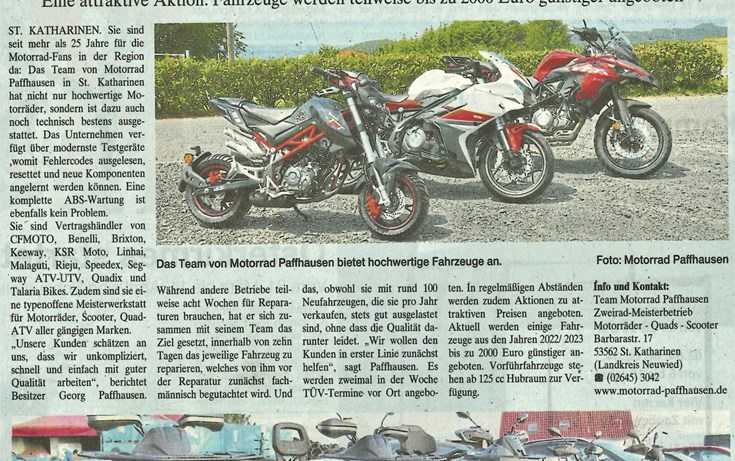 Zeitungs Bericht Neuwied Rhein-Kurier 26.3.2023 über Team Motorrad Paffhausen 
