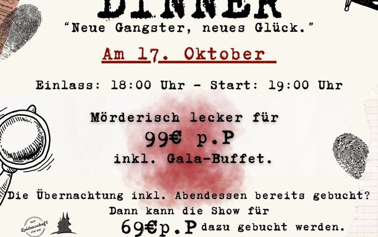 Mörderisches Krimi Dinner am 17. Oktober in Wüstenrot Raitelberg Resort