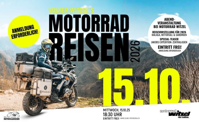 MOTORRADREISEN 2026 - Euer Abend voller Abenteuer bei Motorrad Witzel! Bild 1: MOTORRADREISEN 2026 - Euer Abend voller Abenteuer bei Motorrad Witzel!